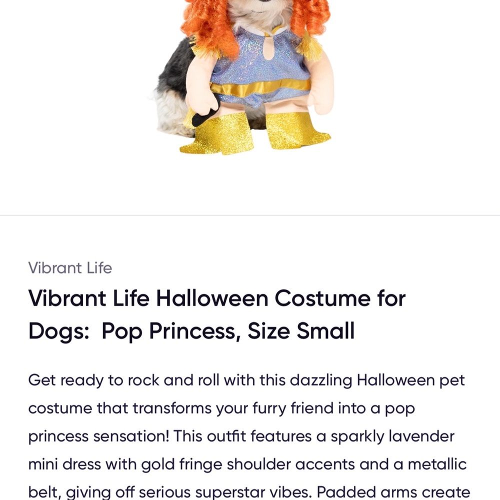 Vibrant Life Dog Halloween Costume – Pop Princess (Small) – NEW